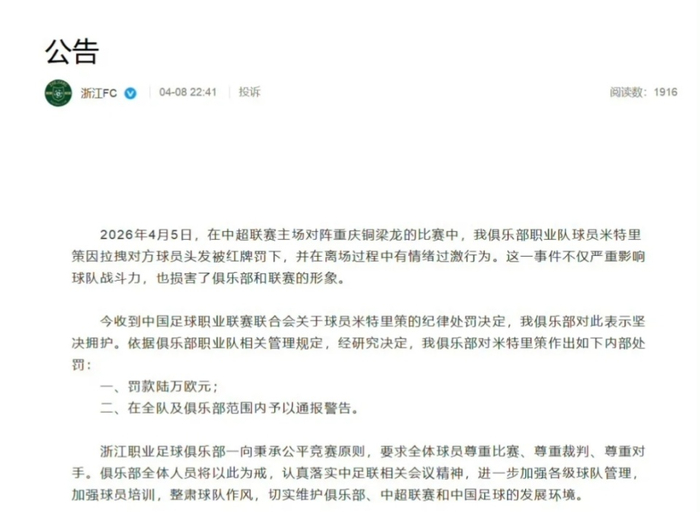 浙江队外援米特里策遭足协停赛4场 俱乐部追加罚